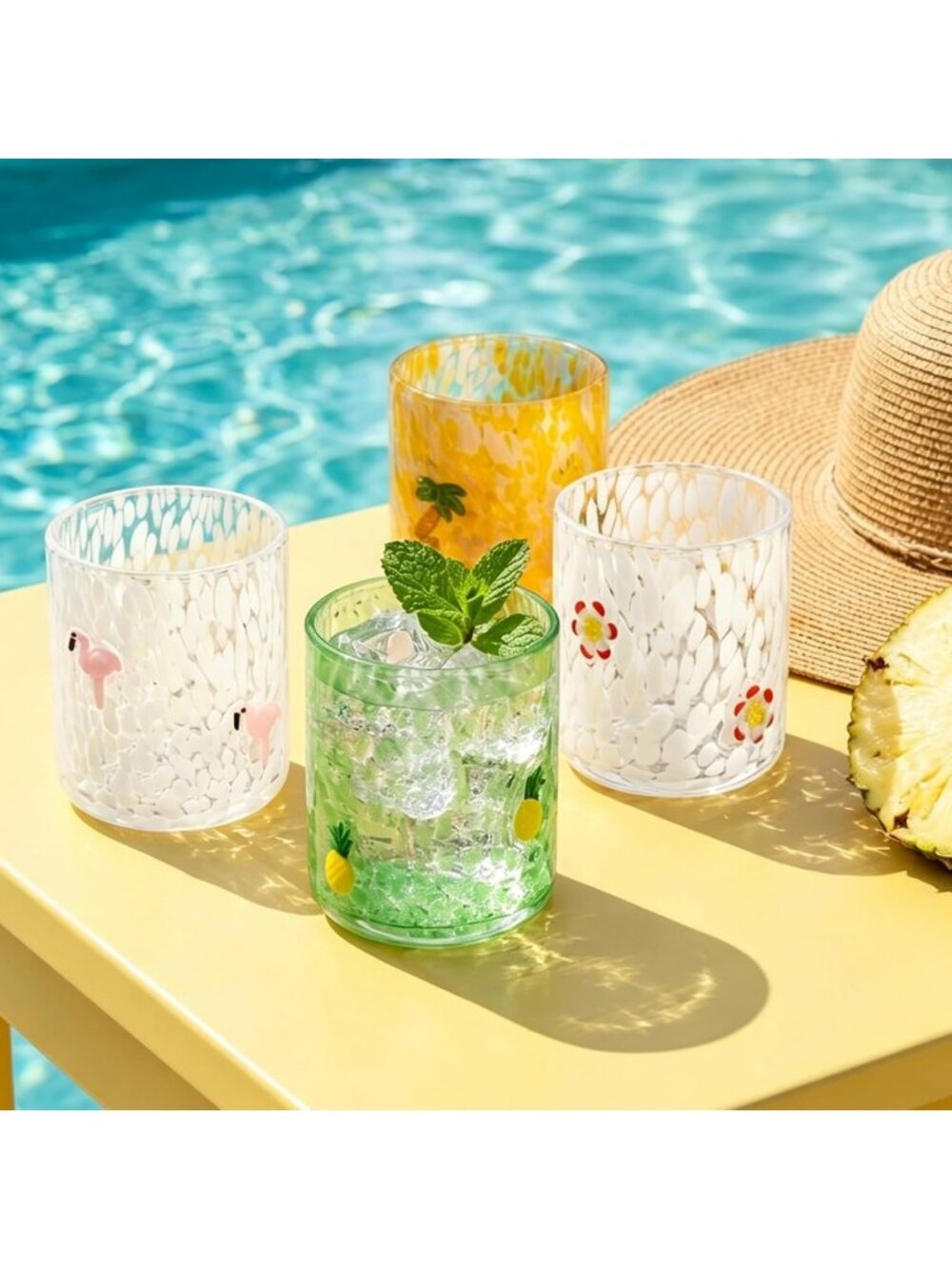 Tropical Summer Juice Glasses - 4 Pcs Stemless Cocktail Cups for Beach Parties